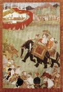 unknow artist Shah Jahan Riding on an Elephant Accompanied by His Son Dara Shukoh Mughal oil painting on canvas